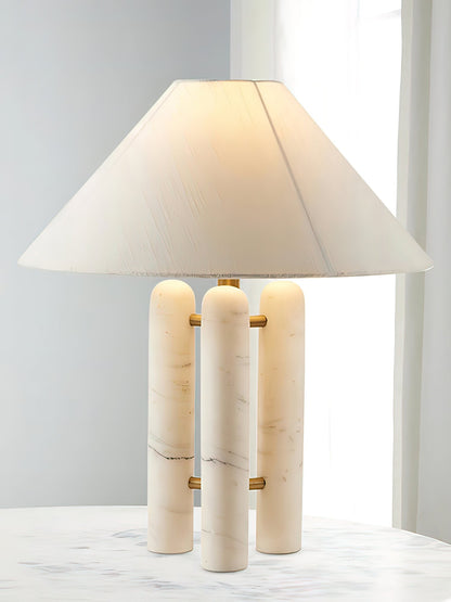 Triple Marble Column White Fabric Table Lamp