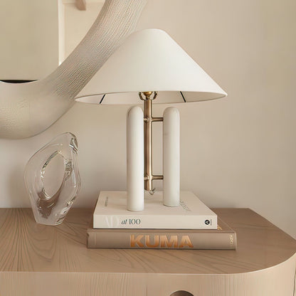 Triple Marble Column White Fabric Table Lamp