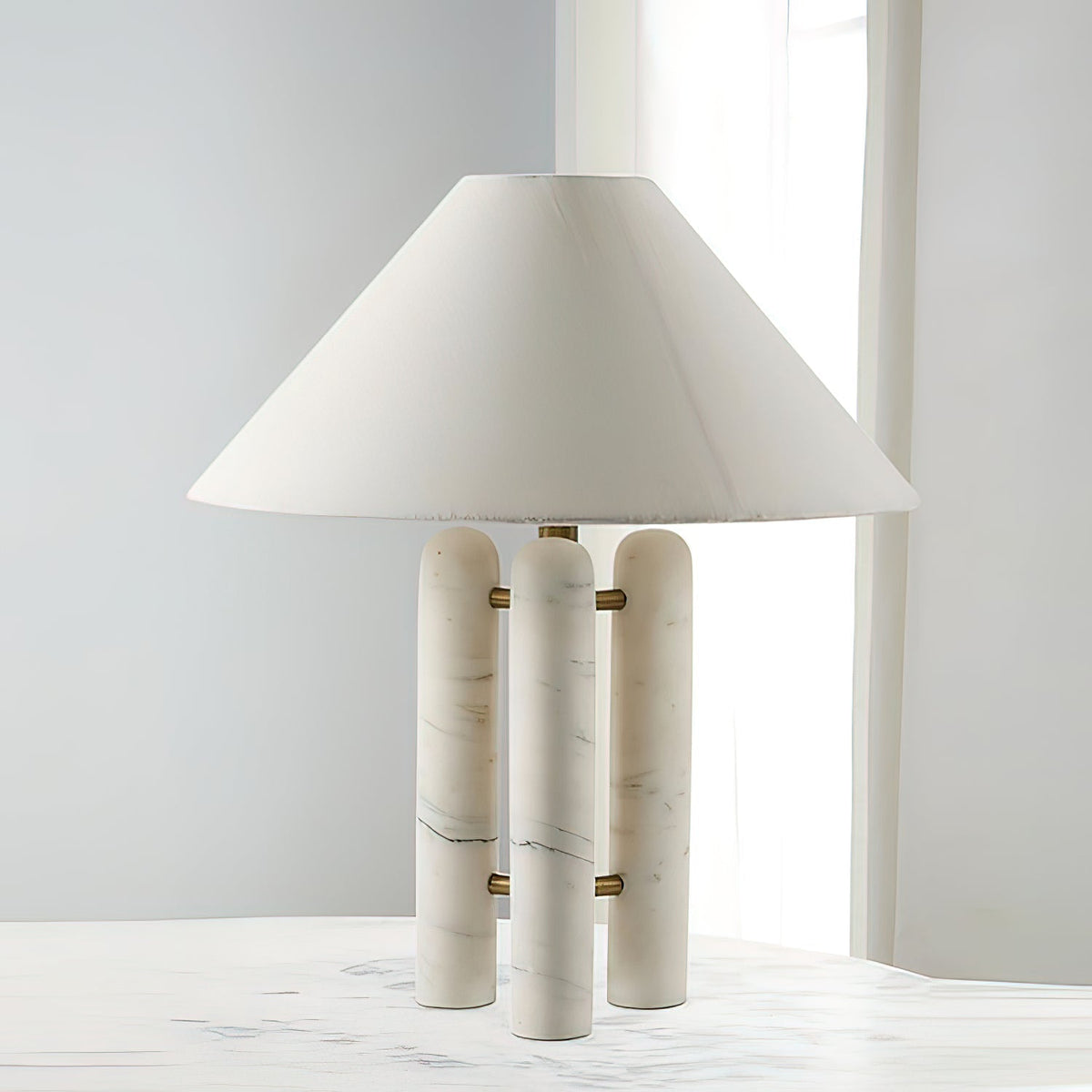 Triple Marble Column White Fabric Table Lamp