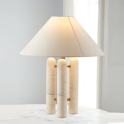 Triple Marble Column White Fabric Table Lamp