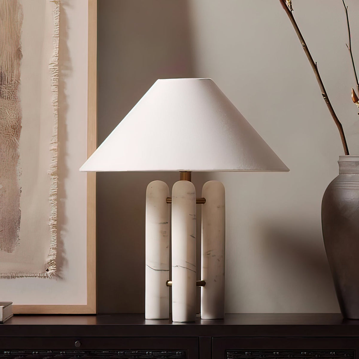 Triple Marble Column White Fabric Table Lamp