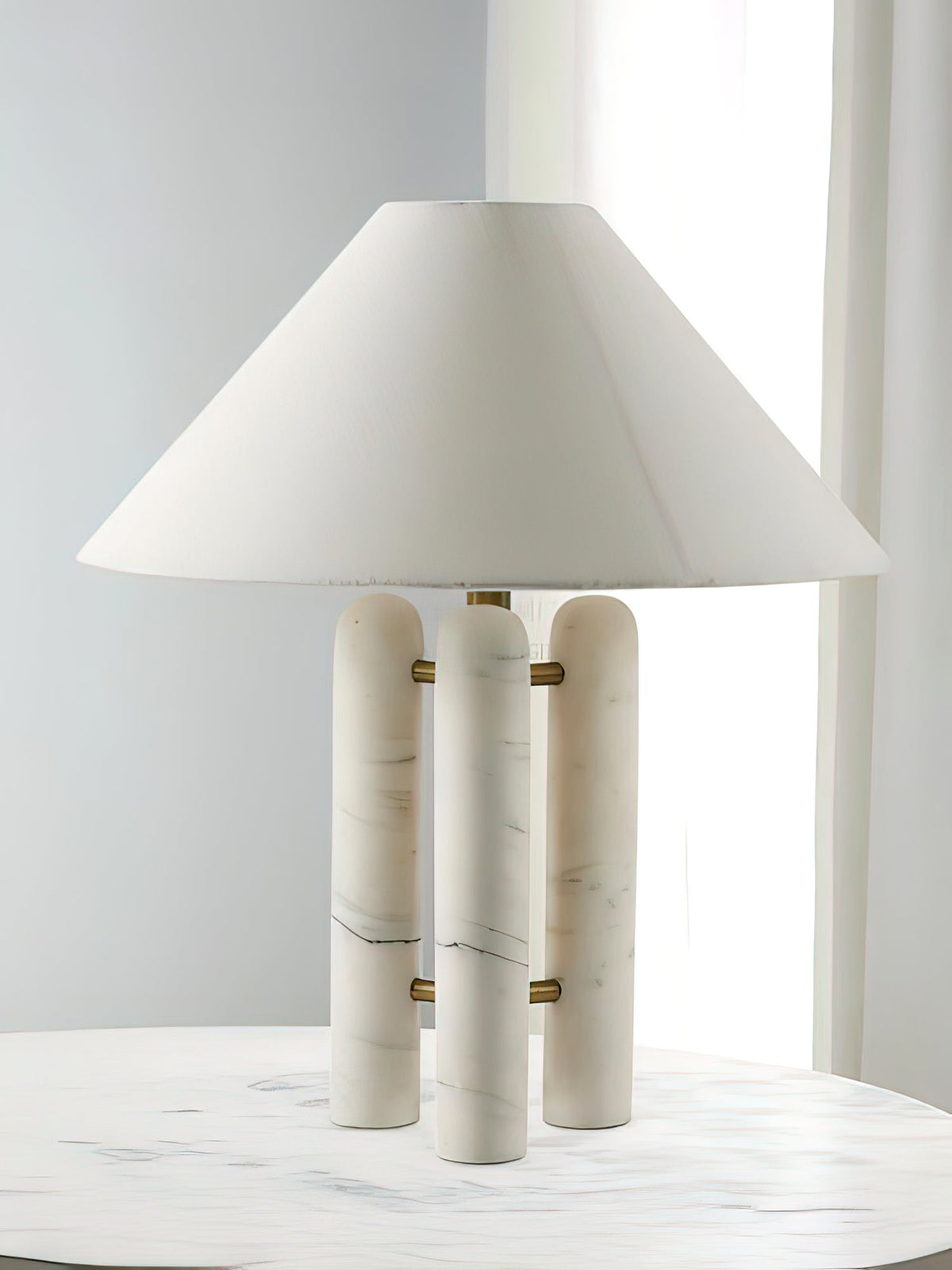 Triple Marble Column White Fabric Table Lamp