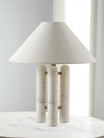 Triple Marble Column White Fabric Table Lamp