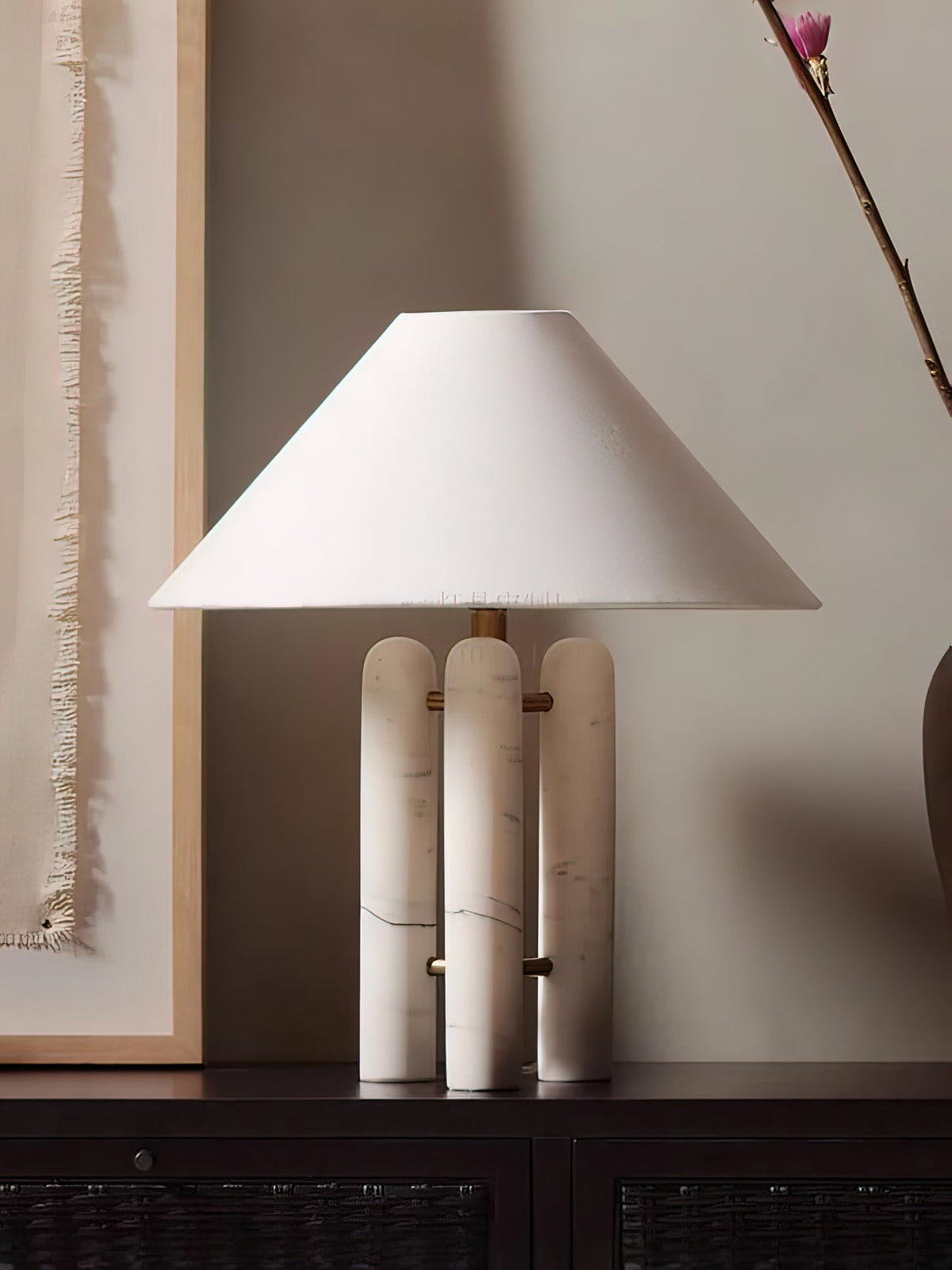 Triple Marble Column White Fabric Table Lamp