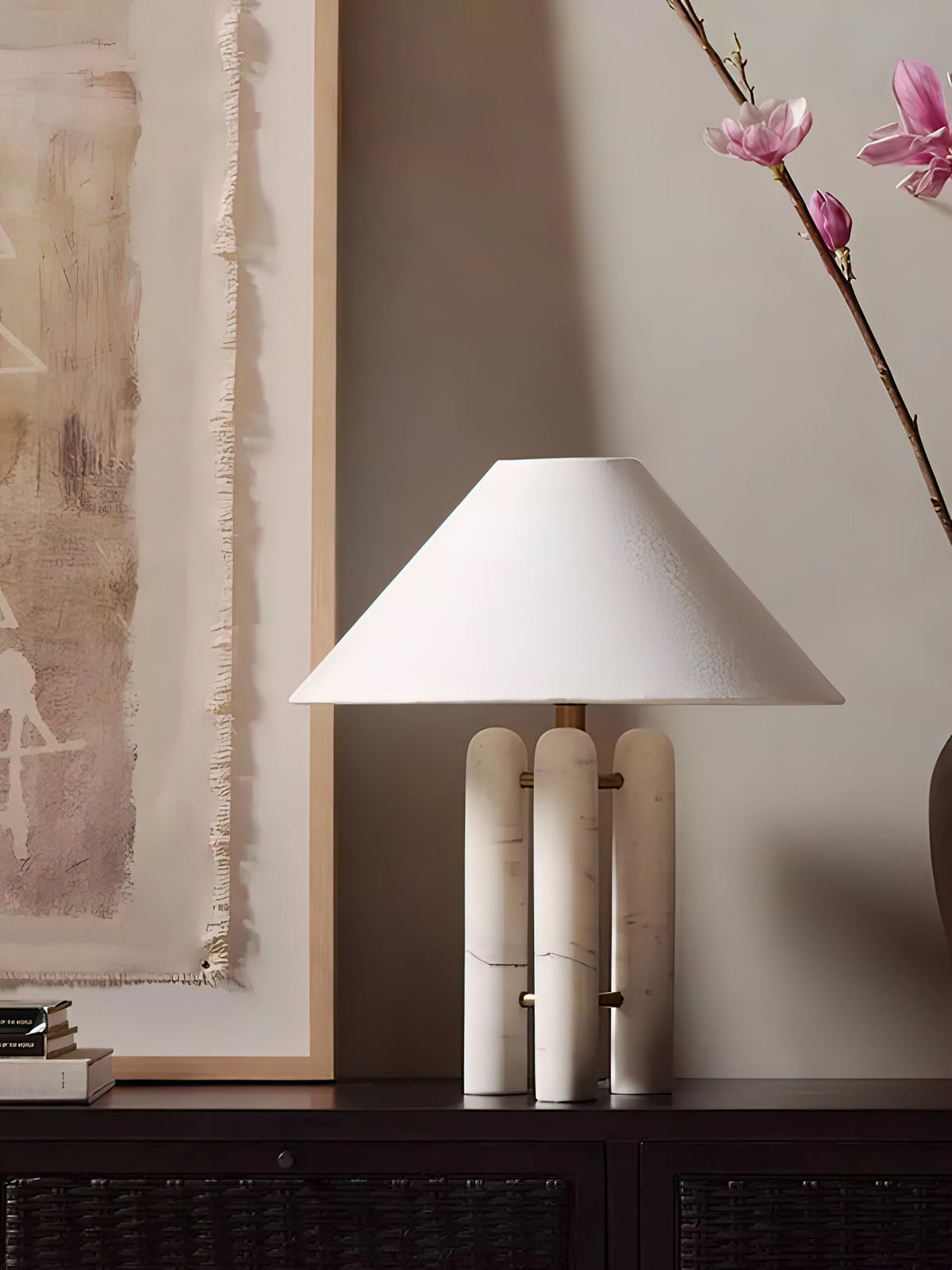 Triple Marble Column White Fabric Table Lamp