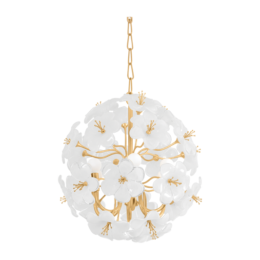 White Glass Blossom Gold Leaf Chandelier