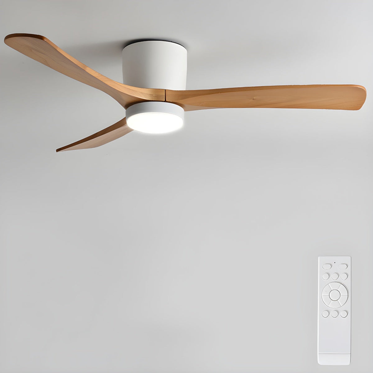 Nordic Wooden 42’’/48’’ Ceiling Fan Light ∅ 42″ x H 11″ / White & Nature Wood / Three-Color Changing Light Ceiling fan